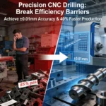 Industrial comparison diagram showing traditional drilling problems (low accuracy, 85% qualification rate) versus precision CNC drilling solutions (±0.01mm accuracy, 40% efficiency gain) in a high-tech manufacturing environment