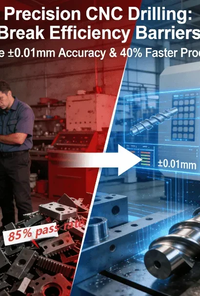 Industrial comparison diagram showing traditional drilling problems (low accuracy, 85% qualification rate) versus precision CNC drilling solutions (±0.01mm accuracy, 40% efficiency gain) in a high-tech manufacturing environment