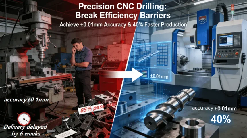Industrial comparison diagram showing traditional drilling problems (low accuracy, 85% qualification rate) versus precision CNC drilling solutions (±0.01mm accuracy, 40% efficiency gain) in a high-tech manufacturing environment