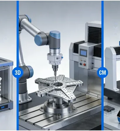 An infographic illustrating JS Precision's rapid prototyping services, showing the journey from 3D printing a medical device prototype, CNC machining an aerospace component, to quality inspection of a consumer electronics part.