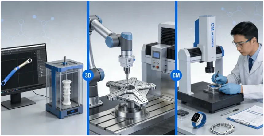 An infographic illustrating JS Precision's rapid prototyping services, showing the journey from 3D printing a medical device prototype, CNC machining an aerospace component, to quality inspection of a consumer electronics part.