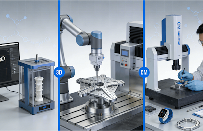 An infographic illustrating JS Precision's rapid prototyping services, showing the journey from 3D printing a medical device prototype, CNC machining an aerospace component, to quality inspection of a consumer electronics part.
