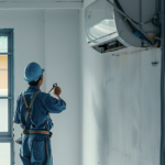 Image Recommendation: A professional technician in a blue uniform inspecting the internal components of a wall-mounted air conditioning unit with tools.