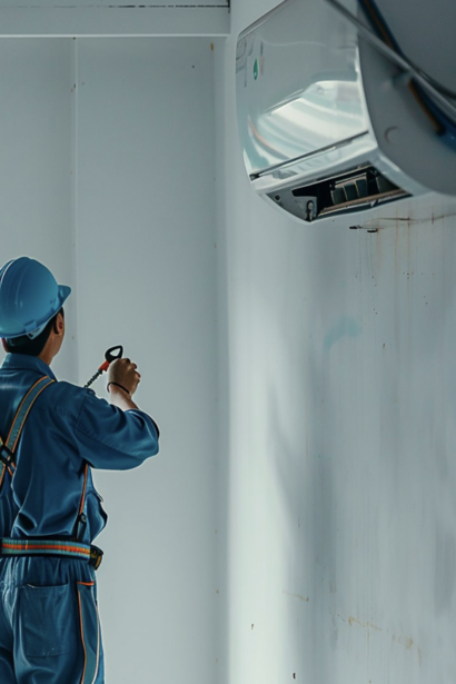 Image Recommendation: A professional technician in a blue uniform inspecting the internal components of a wall-mounted air conditioning unit with tools.