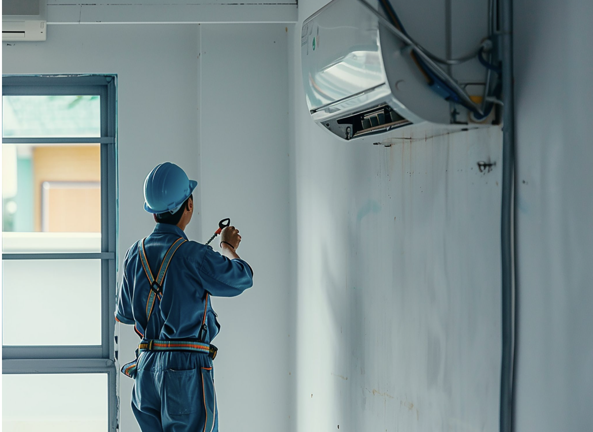 Image Recommendation: A professional technician in a blue uniform inspecting the internal components of a wall-mounted air conditioning unit with tools.